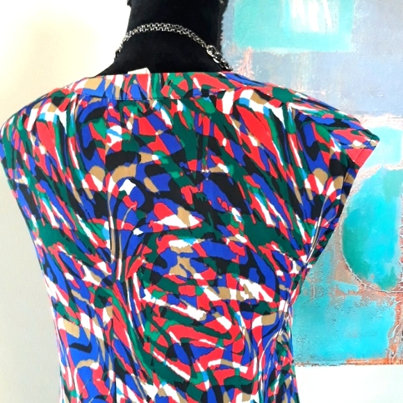 Michael Kors Bold Print Semi Sheer Blouse Draped Neckline Multi Color Size L - Picture 6 of 9